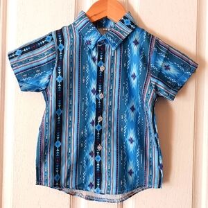 New 3T shirt, short sleeve, button front, polyester blend, blue and red, western